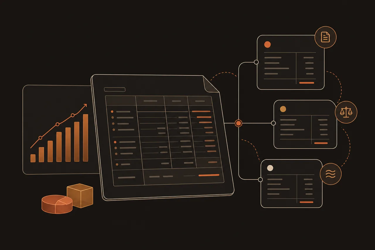 Illustration of an Avora tablet with three linked financial statements