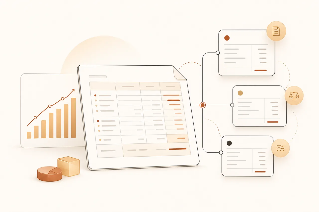 Illustration of an Avora tablet with three linked financial statements